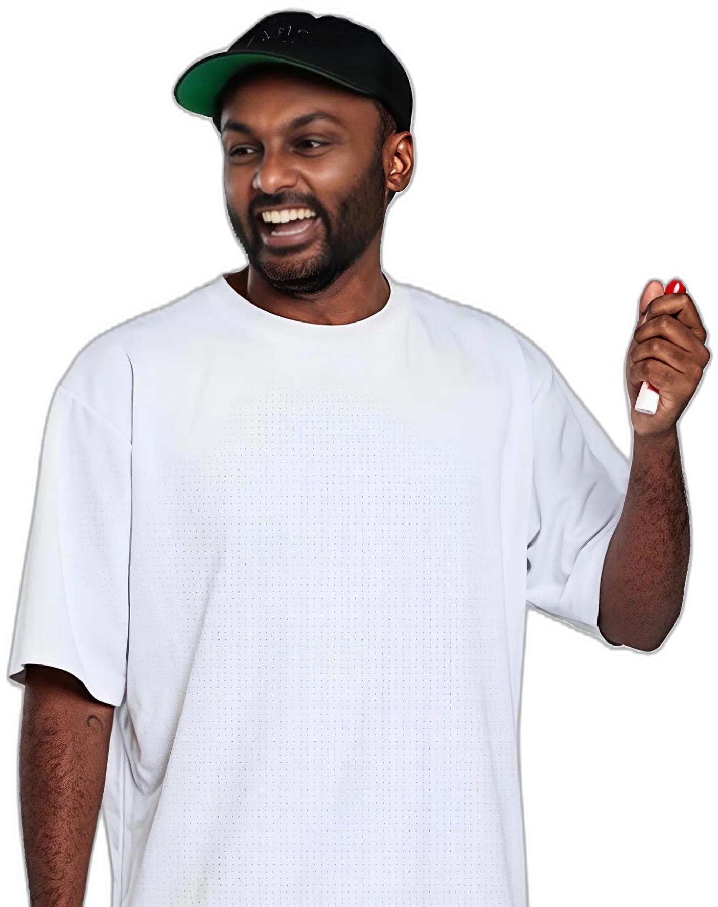 Sath Nadesan laughing in a white tee and black cap